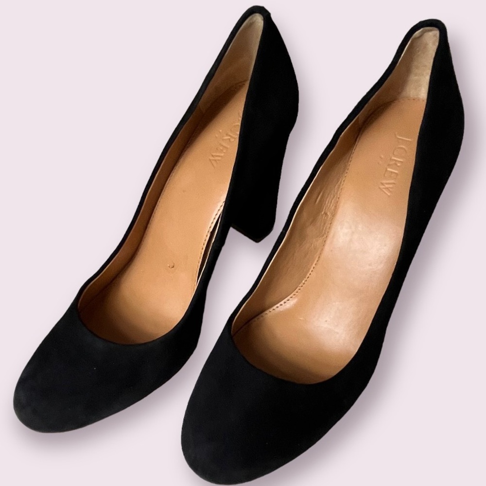 J Crew Factory Black Suede Thick 4 inch Heels Almond Toe Size 9